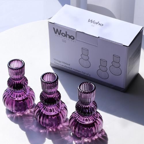 Woho Purple Candlestick Holders Set of 3 for Halloween Decorations, 4.3" H Ribbed Glass Taper Candle Holders Bulk for Wedding Table, Vintage Candle Sticks Holder Decor for Birthday Party/Home Decor - color: Purple