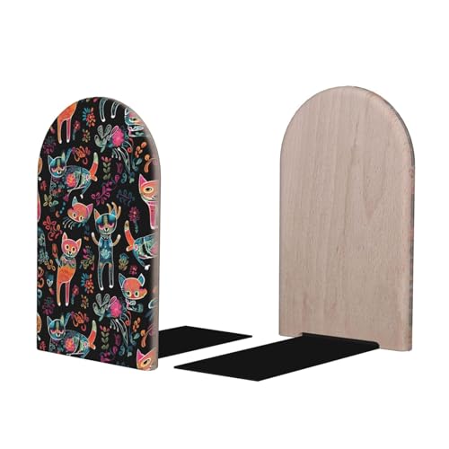 Colorful Cat with Flowers L-Shaped Book Ends 1 Pair Wood Bookends Book End Supports for Heavy Book Shelf Holder Home Decorative - color: Colorful Cat With Flowers