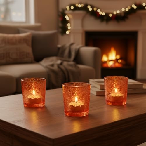 12 Pack Hummingbird Embossed Glass Candle Holders – Votive Tealight Holders with Patent Design, Decorative Embossed Glass Cups for Wedding Centerpieces, Parties, and Home Décor (Pumpkin Spice) - color: Pumpkin Spice