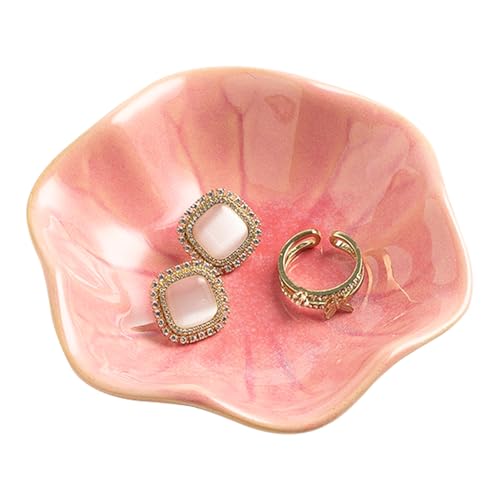 Ceramic Ring Dish, Jewelry Dish Holder, Small Trinket Tray Plate for Earrings Rings Necklaces Keys, Gift for Mom Friend Sister on Birthday Mother's Day Christmas (Pink Surface) - color: Pink Surface