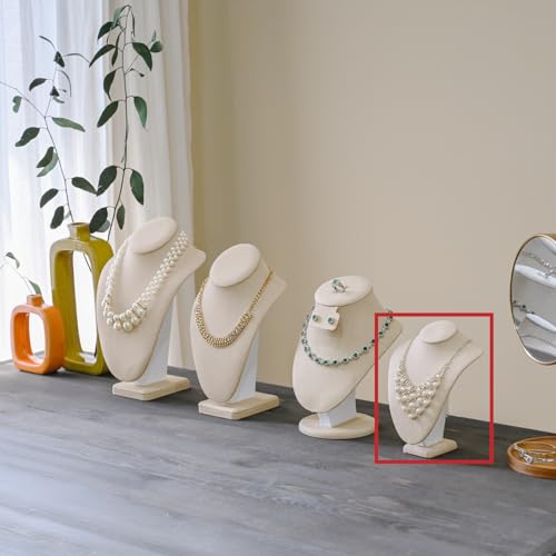 MOOCA Jewelry Display Stand, 2 Pcs Set Tan Linen Covered Wood, Necklace Bust, 7 in Height - color: 6) Tan Linen, 2 pieces