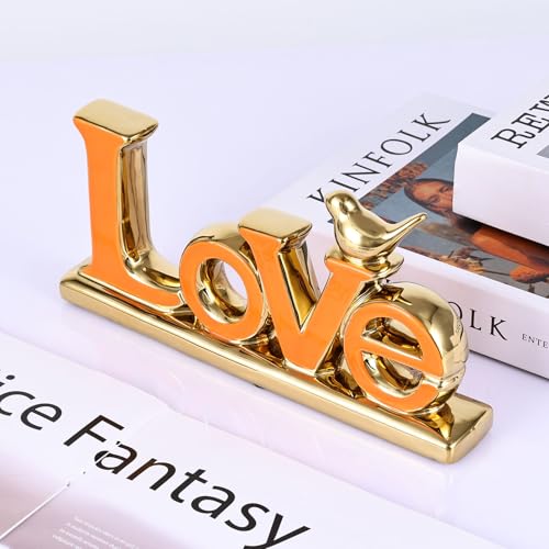 Love Sign Decoration,Orange and Gold Love Signs for Home Decor,Gold Bird Sculpture Personalized Love Decor,Gold Style Figurine Decorative Ornaments for Living Room,Bedroom,Cabinets (Love, Orange) - color: Orange, style: Love