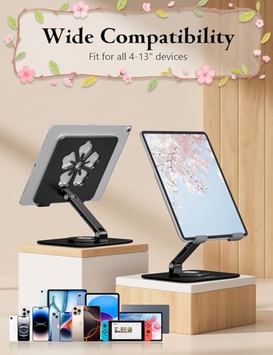 Tablet Stand for iPad, 360° Rotating Aluminum Foldable Holder – Adjustable Desk Stand | Fits iPad Pro 12.9/11,Samsung Galaxy Tab – Portable for Home, Office & Travel,Black - color: Black