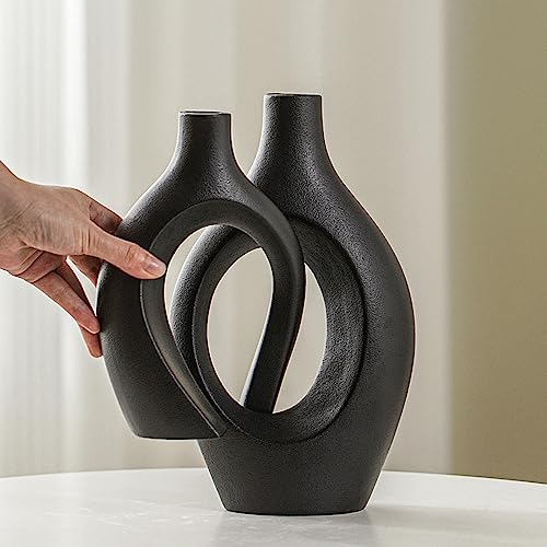 Lvases Snuggle Hollow Modern Ceramic Vase Set of 2, Mid Century Nordic Aesthetic Decorative Vase Decorative Vases for Home Table Decor (Matte Black W 6.8" X H 11") - color: Extra Large Matte Black