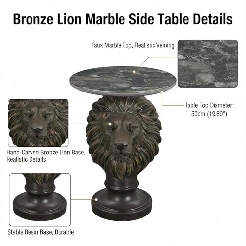 Vintage Bronze Lion Head Sculptural Side Table with Black Faux Marble Top, 19.69" Round Resin End Table, 25.59" H Majestic Accent Table for Living Room, Retro Office Decor, Heavy Duty - color: Black Lion