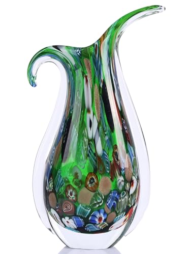 Blown Glass vase, Unique Murano Style Glass Art Deco vase for Living Room TV Stand, Table Setting, Office, Room and Desktop Decorations and Ornaments. - color: Green
