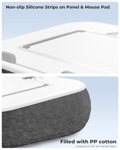 Viozon Kindle Pillow Stand Holder, Phone Holder for Bed, Laptop Lap Desk with Mouse Pad,Compatible with 4.7-13" Kindle/Tablet/Phone,10-15" Laptop, Snack Bowl&Cup Attachment&Detachable 360°Stand Arm - color: White/Grey