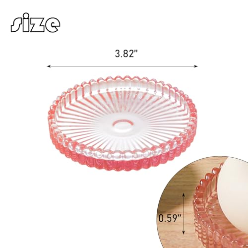 2 Pack Glass Pillar Candle Holders 4 Inch Ribbed Edge Design Decorative Candle Plate with Serrated Edges Clear Pink Display Stand for Wedding Home Decor Table Centerpieces - color: Pink
