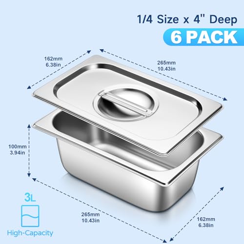 Hotel Pan with Lids 6 Pack 1/4 Size 4" Deep Stainless Steel Steam Table Pan, Commercial Food Pans for Catering Buffet Chafing Dish Pans Metal Steam Tray (1/4 Size x 4 Inch Deep, 6 Pack) - color: 1/4 Size, size: 4" Deep