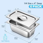 Hotel Pan with Lids 6 Pack 1/4 Size 4" Deep Stainless Steel Steam Table Pan, Commercial Food Pans for Catering Buffet Chafing Dish Pans Metal Steam Tray (1/4 Size x 4 Inch Deep, 6 Pack) - color: 1/4 Size, size: 4" Deep