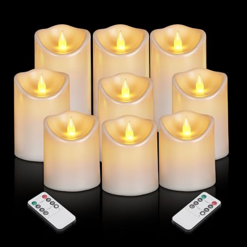 Flameless Candles 4" 5" 6" Outdoor Indoor Pillars Battery Operated Flickering Candles Include 10-Key Remote Timer 400+ Hours by 2 AA Batteries (White Candle - Warm light, 3"D x 4"|5"|6" H - 9 Pack) - color: White Candle - Warm light, size: 3"D x 4"|5"|6"