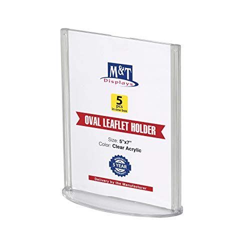 M&T Displays Double Sided Oval Clear Acrylic Leaflet Holder 5x7 inch Pocket Desktop Table Stand Desk Organizer Menu Advertising Flyer for Restaurant Hotel Office (5 pack) - size: 5x7