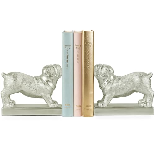 Decorative Bookends for Shelves, Dog Book Ends for Heavy Books, Bulldog Statues Bookends for Heavy Books with Anti-Slip Base Book Holders for Home Office Decor (Silver) - color: Silver