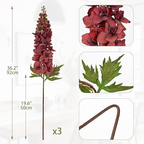 Briful 3PACK Artificial Delphinium Flowers – 36.2in Tall Faux Larkspur Silk Floral Stems Burgundy Fake Delphinium Flower for Indoor Home Decor Vase Arrangements - color: Burgundy