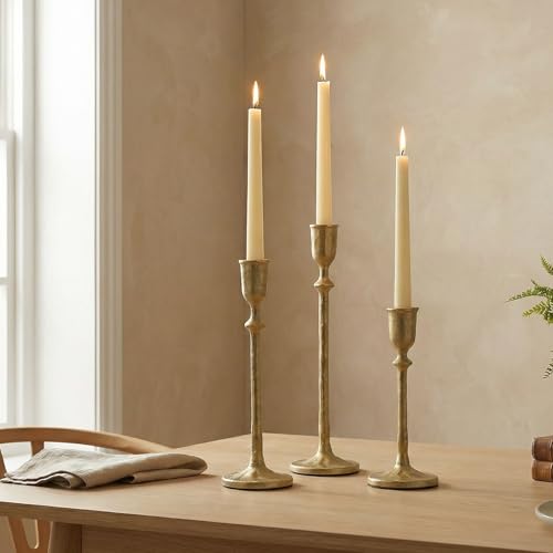 BANOMII Antique Brass Candlestick Holders Set of 3, Cast Iron Taper Candle Holder for Dining Table Centerpiece, Wedding, Fireplace Mantel Decor, Vintage Tall Candle Stands, Christmas Decorations - color: Brass Gold