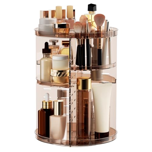 Rotating Makeup Organizer Countertop, DIY Adjustable Trays Spinning Skincare Organizers, Cosmetic Display Shelf with Perfume & Brush Holder, Multi-Function Desk Storage Carousel for Vanity Bathroom - color: Clear Coffee