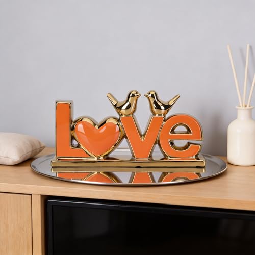 DOVDOV Orange and Gold Ceramic Love Sign Sculpture with Heart and Bird Statues, Modern Home Decor Accents for Living Room Coffee Table, TV Stand, Entryway and Shelf, Wedding or Housewarming Gift - color: Og