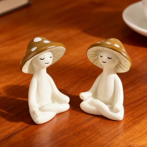 2Pcs Cute Meditation Mushroom Statue-Meditation Mushroom Resin Statue for Desk Living Room Resin Figurine for Home Patio Office Decor Cute Plant Statues for Tabletop Garden Backyard Decor