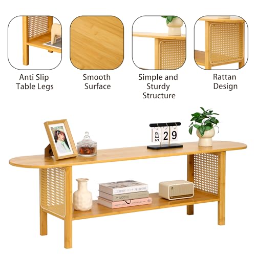 Bamboo TV Stand for TVs up to 65", Accent Entertainment Center with Storage, Media Console Table with Rattan, Modern TV Stand for Living Room, Bedroom, 55"(L), Burlywood - color: Burlywood Rattan