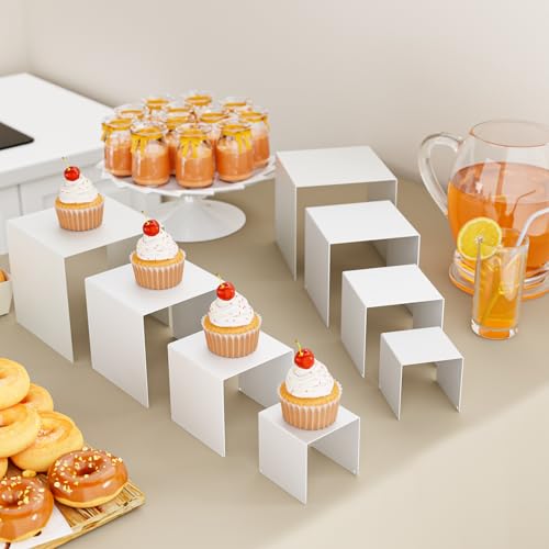 Matte Metal Display Stand, 8 Pcs 2 Set Display Risers for Display, Metal Rectangular Display Shelf Holders for Showcase, Dessert, Perfume, Vendor Events, Cupcake Stands, Toys Display Shelves ( White, 3''x4''x5"x6" ) - color: White, size: 3''x4''x5"x6"