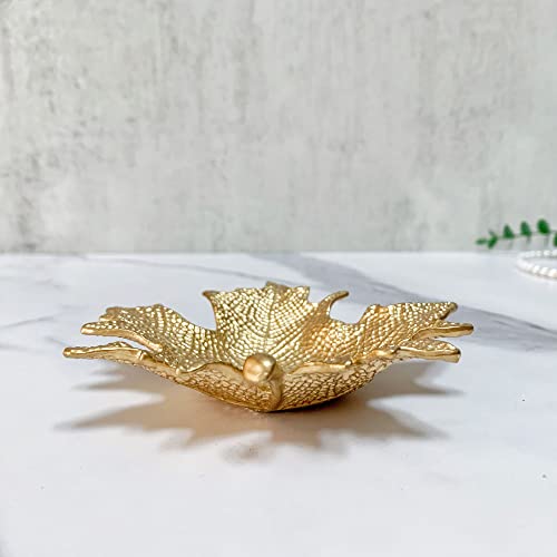 Metal Jewelry Dish, Small Leaf Shaped Ring Holder Jewelry Organizer, Trinket Dish Vanity Tray for Dresser Christmas Birthday Wedding Gifts - color: Maple-Gold