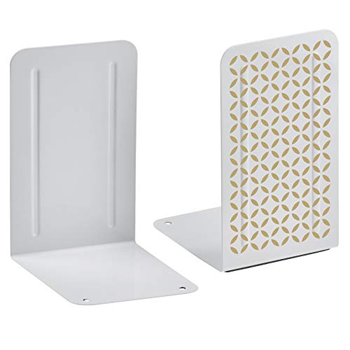Acrimet Metal Bookends, Non-Skid Book Stand for Shelves, Heavy Duty Book Stopper, 6-7/8" H x 4" W x 4-1/2“ D, (White Bookend with Gold Design), 1 Pair - color: White Bookend With Gold Design, size: 10 cm X 11,5 cm X 17,5 cm