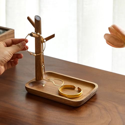 Solid Acacia Wood Key Tray and Bowl for Entryway Table - Jewelry Tray With 3 Hooks, Open Storage for Wallet, Glasses, Watches, Lipstick (Acacia, small) - color: Acacia, size: Small
