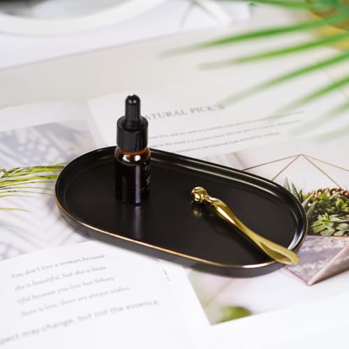 Ceramic Jewelry Dish, Perfume Vanity Tray, 7x4 Decorative Catch All Bowl for Trinket Key Ring, Small Bathroom Counter Tray, Soap Tray for Kitchen Sink (Black) - color: Black