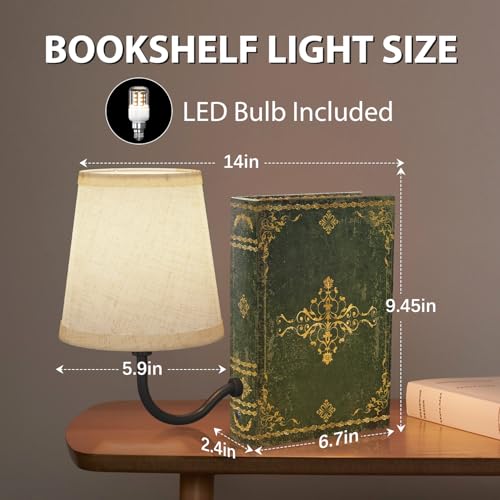 Vintage Bookshelf Lamp Rechargeable, Cordless Book Lamp with Linen Shade, Dimmable Touch Control Table Lamp, Modern Decorative Bookend, Bookshelf Lights for Office Home, Library, Study - style: Green
