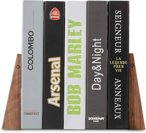 TILISMA Book Ends for Shelves - Handmade Wooden Bookends with Metal Base, Walnut Tree - Sturdy Book Holders for Heavy Books - Fancy Modern Decorative Book Accessories to Hold Books Firmly on Bookshelf - color: Walnut