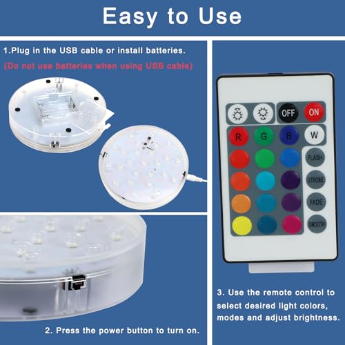 LARDUX Pack of 4 LED Lights Base with Remote - 6-inch Round Lights Display Stand for Effiel Tower Vase Crystal Glass Art LED Pedestal Base - Charging USB or Battery Powered - size: 6-inch led base with remote
