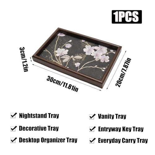 Wooden Valet Tray with Floral Base, EDC Catch All Tray Nightstand Entryway Table Vanity Organizer 11.8x7.9, Black Vintage Blossoms - color: Black Blossoms