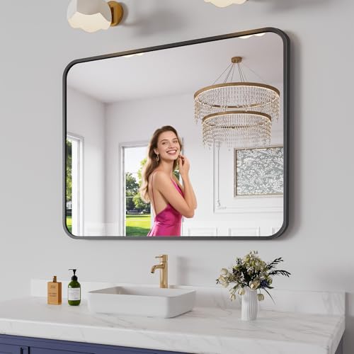 Koonmi Bathroom Mirror, 32X40 Brushed Black Metal Framed Wall-Mounted Mirror for Over Sink, HD Tempered Glass, Anti-Rust, Rounded Rectangle Mirror for Restroom, Bedroom, Hangs Horizontal or Vertical - color: Rounded Edged, size: 40"L x 32"W