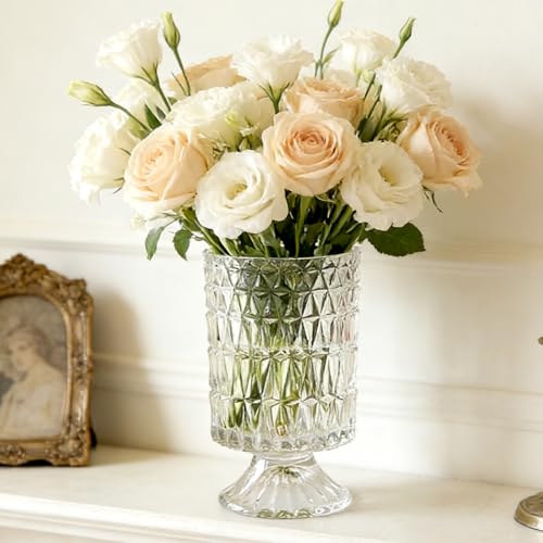 BLOFLO Embossed Glass Vase, 7'' Crystal Glass Vases, Pedestal Big Base Glass Bouquet Vase, Hydroponic Glass Transparent Vase for Home Office Wedding Dining Table Party (Long Rhombus Pattern) - color: Long Rhombus Pattern