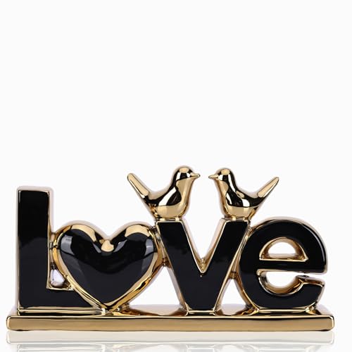 DOVDOV Black and Gold Ceramic Love Sign Sculpture with Heart and Bird Statues, Modern Home Decor Accents for Living Room Coffee Table, TV Stand, Entryway and Shelf, Wedding or Housewarming Gift - color: Bg