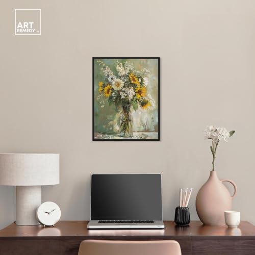 Art Remedy Sunflowers In A Glass Vase Canvas Vintage Farmhouse Wall Art, Black Frame, 16" x 20" - color: Black Frame, size: 21"L x 17"W