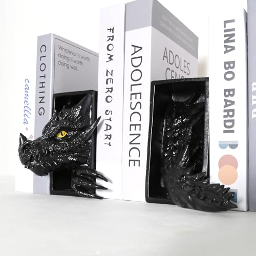 Dragon Bookends, Black Fantasy Book Nook Insert, Gothic Library Decor, Decorative Dragon Shelf Display