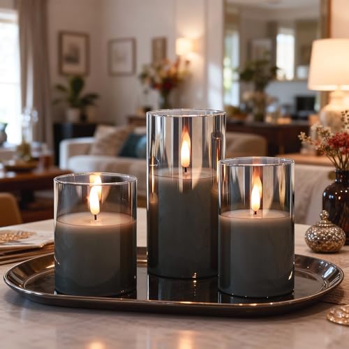 GenSwin Glass Flameless Candles with Remote Battery Operated Flickering LED Pillar Candles Real Wax 3D Wick for Wedding Festival Home Decoration(Gray,Pack of 3) - color: Black