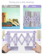 Honagu Adjustable Bookends, Metal Book Ends for Shelves Heavy Book, Bookend for Home, Office, Books, Papers, Book Stopper with Removable Hook, Pen Holder, Gifts for Students, Teachers（Light Purple） - color: Light Purple