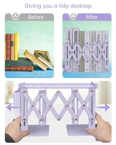Honagu Adjustable Bookends, Metal Book Ends for Shelves Heavy Book, Bookend for Home, Office, Books, Papers, Book Stopper with Removable Hook, Pen Holder, Gifts for Students, Teachers（Light Purple） - color: Light Purple