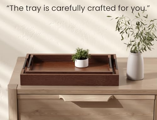 Fibogollo Bamboo Set of 2 Serving Tray with Metal Handles,Ottoman Decorative Trays Platter for Coffee Table,Living Room,Bar,Party(Brown) - style: Brown-Medium and Large Set