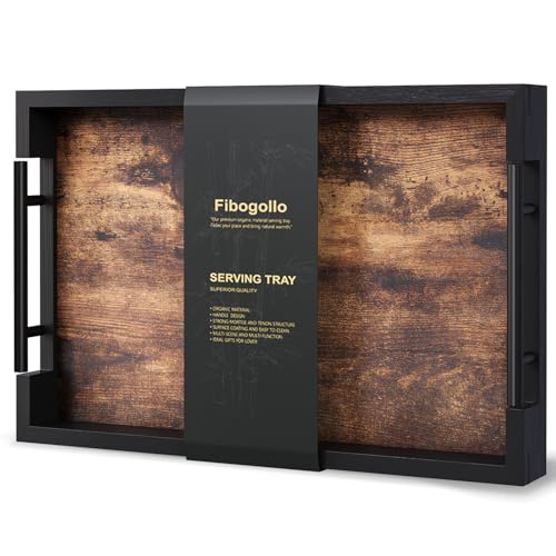 Fibogollo Wooden Serving Tray with Metal Handles,15x9.8in Ottoman Decorative Trays Platter for Coffee Table,Living Room,Bar,Party,Medium - size: 15" x 9.8" x 2"