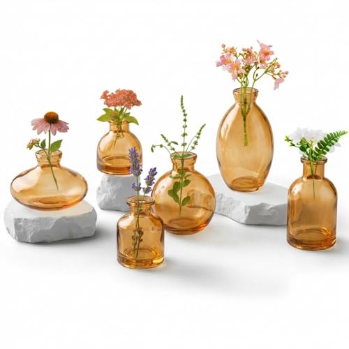 Glass Bud Vases Set of 6, Small Gold Amber Flower Vases for Wedding Centerpiece Vintage Mini Glass Flower Bottles for Floral Arrangement Party Home Office Dining Table Decor - color: Gold Amber