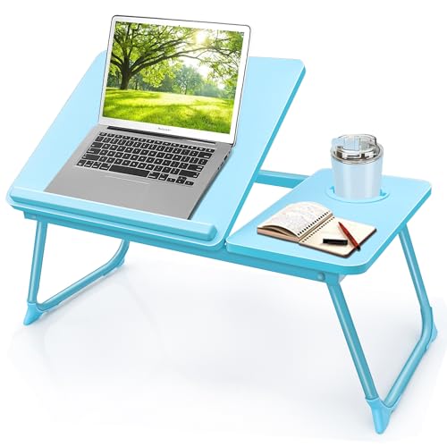 Laptop Desk for Bed Couch,Lap Desk for Laptop,Portable Laptop Stand for Desk,Small Adjustable Laptop Desk,Foldable Bed Table for Laptops and Writing, Bed Tray Table with Cup Holder(Blue) - color: Blue