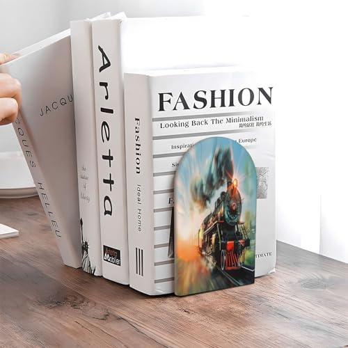 Decorative Bookends 2 Pcs Steam Train Wood Bookends for Shelves Heavy Books Kids Non-Skid Book Ends Stoppers for Office Desk Kitchen School - color: Steam Train