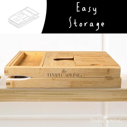 Temple Spring Foldable Bamboo Bathtub Tray Caddy for Tub — Expandable One-Piece Wood Bath Table with Wine Holder Book Stand and Non-Slip Pads — Space-Saving Bath Caddy — Housewarming - color: Foldable Wood Bamboo