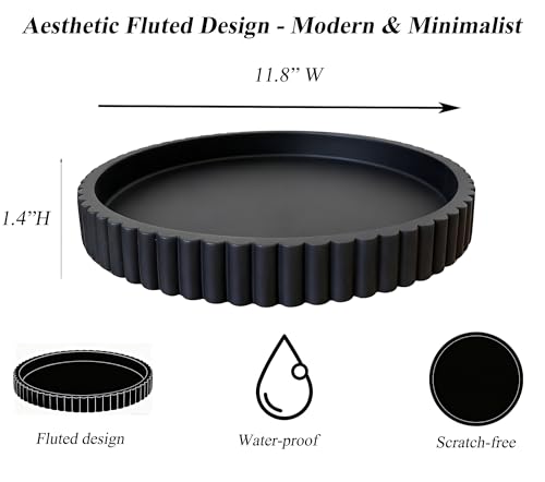 Concrete Decorative Tray for Coffee Table Tray Decor - Charcoal Black Round Decorative Tray - Circle Fluted Centerpiece Tray - Bandejas Decorativas - Water-Proof & Heavy-Duty