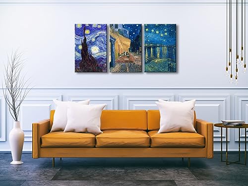 Wieco Art Large 3 Panels Canvas Prints of Vincent Van Gogh Paintings Reproduction Starry Night Over the Rhone Cafe Terrace at Night Canvas Wall Art for Living Room Home Office Decor - color: Van Gogh Paintings, size: 16 x 24 inches (Unframed)