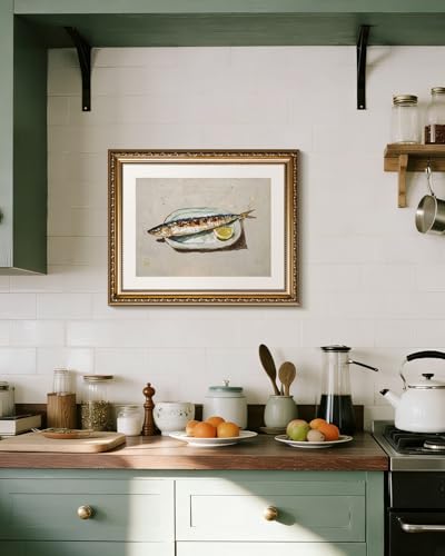 InSimSea Gold Framed Wall Art, Roasted Sardine Lemon Vintage Kitchen Wall Decor, Still Life Canvas Print Art, Dining Room Farmhouse Decor, Antique Paintings with Picture Frame 13x16inch - color: Roasted Sardine, size: 16"L x 13"W