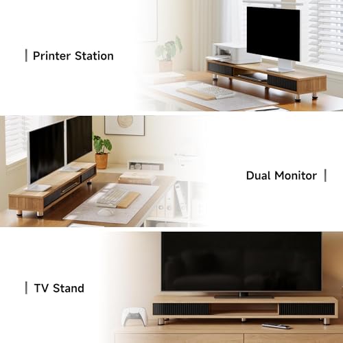 Fenge Dual Monitor Stand, 42.5inch Long Monitor Stands Riser for 2 Monitors, Sliding Door with Storage Organizer Stand for Desk, 2 Tier Desk Shelf for Laptop, Pc, Printer, Computer, TV - color: Dark Oak
